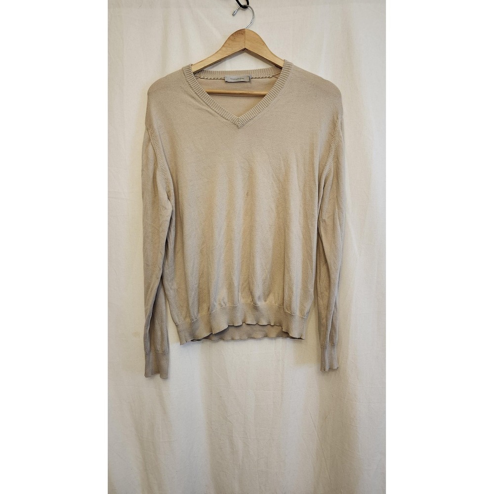 Ermenegildo Zegna Sweater Mens M Beige‎ Cotton V Neck Knit Pullover Soft stain